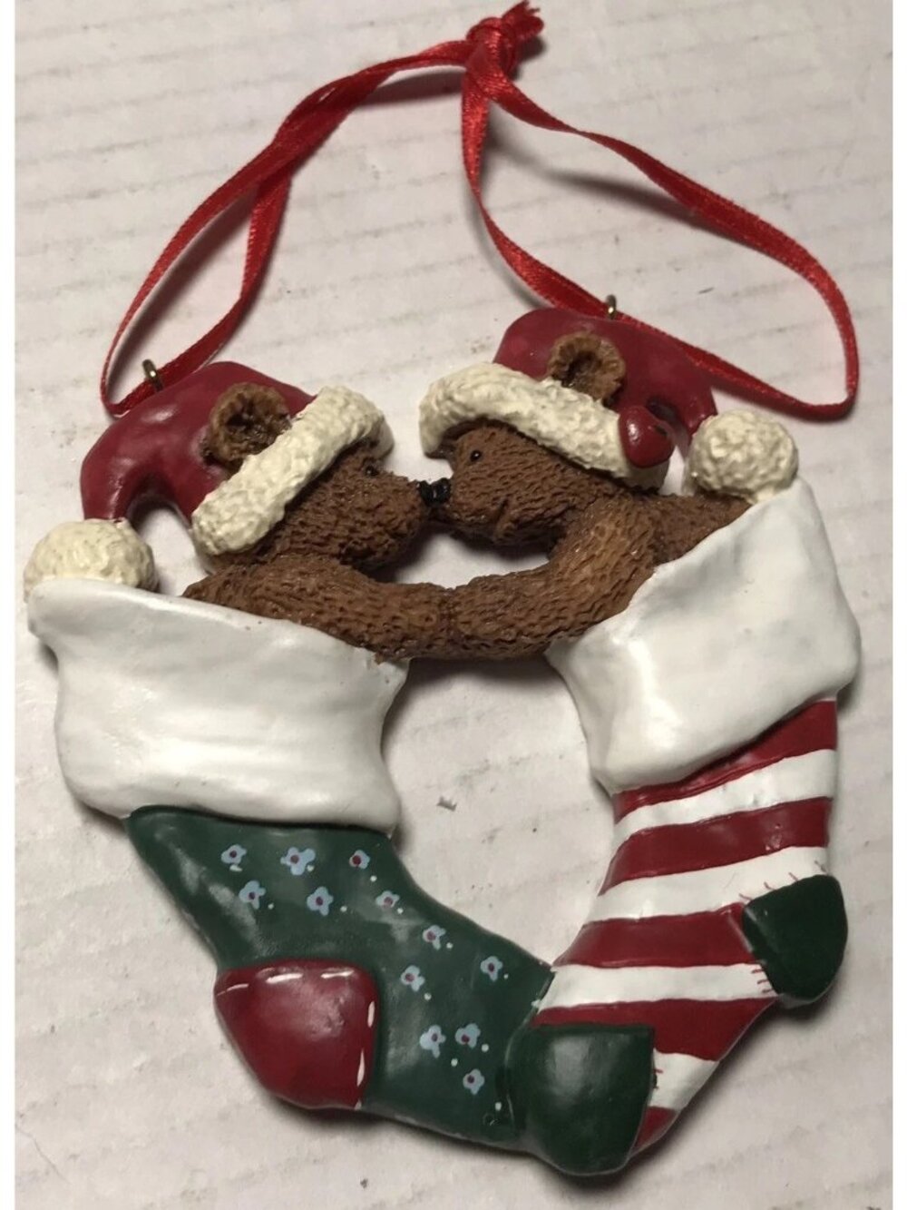 Kurt S. Adler Santa Teddy Bears In Stockings Rubbing Noses Christmas Ornament